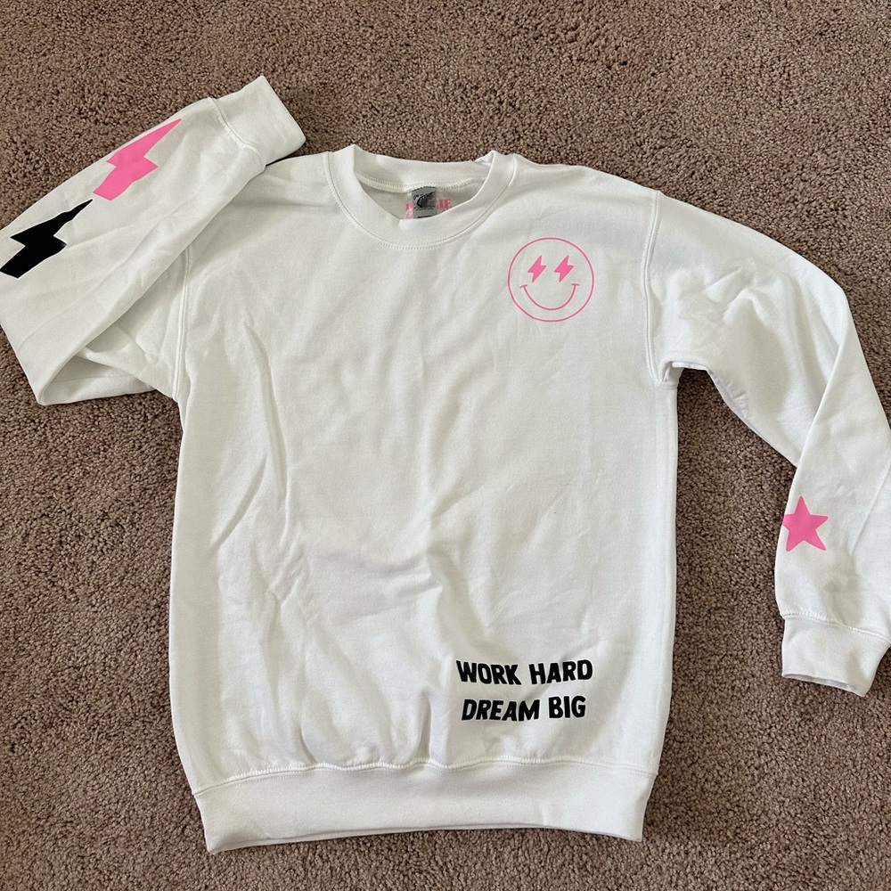 White Sweatshirt with Pink and Black Graphics